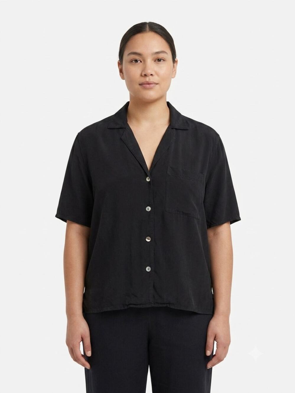Luna Luz Button Up Shirt Top Womens M Black Cupro Short Sleeve Slit Hem USA Made